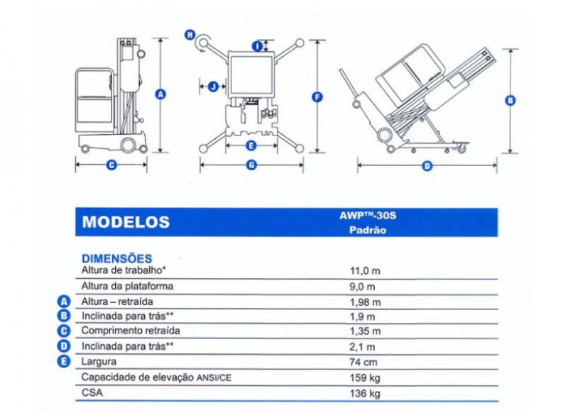 A plataforma individual AWP 30S possui altura de 9 metros e cesto individual para 1 pessoa.