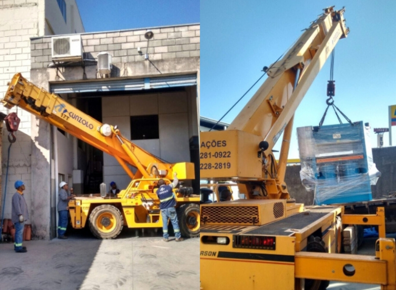Equipe de Remoção Industrial em Ação na cidade de Campinas-SP. O transporte de máquina em local de espaço restrito e de difícil acesso foi realizado com o Guindaste Industrial Broderson IC-250.