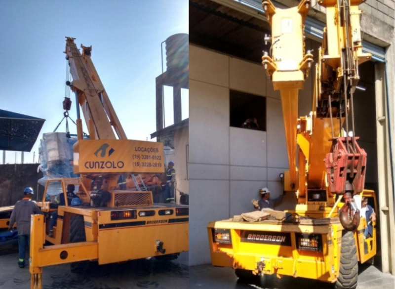 Equipe de Remoção Industrial em Ação na cidade de Campinas-SP. O transporte de máquina em local de espaço restrito e de difícil acesso foi realizado com o Guindaste Industrial Broderson IC-250.