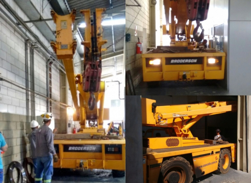 Equipe de Remoção Industrial em Ação na cidade de Campinas-SP. O transporte de máquina em local de espaço restrito e de difícil acesso foi realizado com o Guindaste Industrial Broderson IC-250.