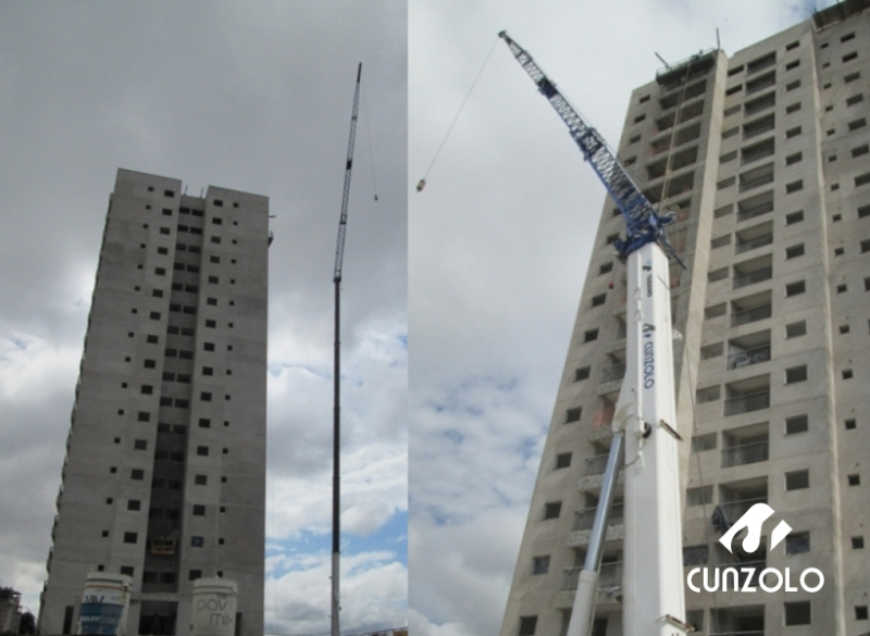A Cunzolo realizou o içamento de uma caixa d´água em Taubaté- SP. Os equipamentos utilizados para essa operação foram os guindastes: Rodoviário Tadano ATF 110G-5 e o Guindaste Articulado Hiab 377/2 para montagem do Jib do ATF 110G-5.