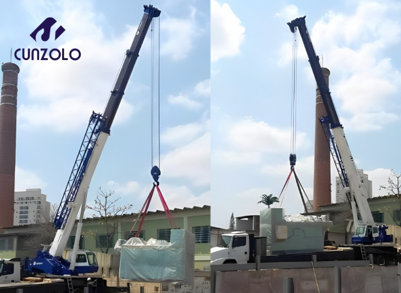 Operação com o Guindaste Rodoviário Cunzolo GS700 para a descarga e içamento de um forno pesando 10.5 toneladas na cidade de Taubaté.