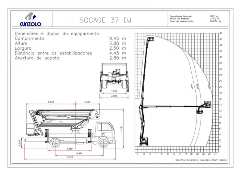 Plataforma aérea articulada modelo Socage 37DJ ForSte, é robusta, trabalha de forma versátil e com alcance de 37 metros para trabalhos em altura com precisão.